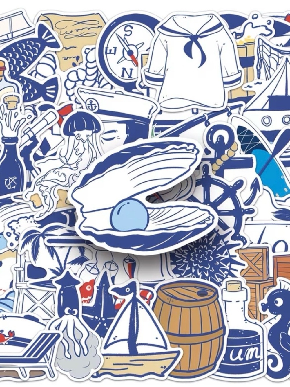 50 Blue White Nautical Stickers Anchor Ship Sailor Fish Lighthouse Rope Shell - Picture 9 of 16